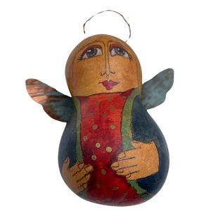 Hand Painted Gourd Angel Ornament Folk Art by Karenlee Spencer 1991
